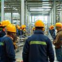 Photo of a manufacturing plant floor showing diverse employees working safely.