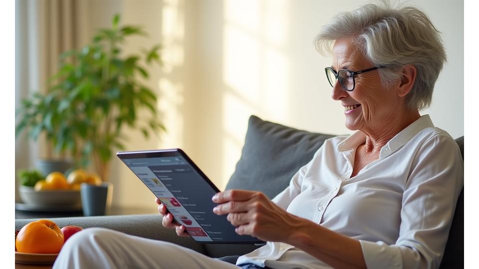 A serene adult woman looking at a personalized nutrition plan on a digital tablet, healthy food surrounding her, signifying wellness and tailored guidance.