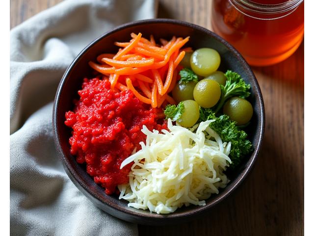 A colorful bowl of fermented foods like kimchi, sauerkraut, and kombucha, symbolizing gut health nourishment.
