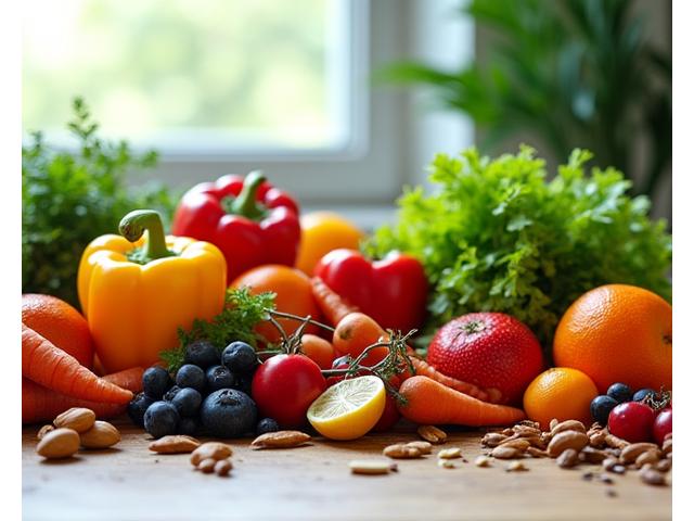 Vibrantly composed fresh whole foods illustrating a balanced, nutritious diet for healthy adults.