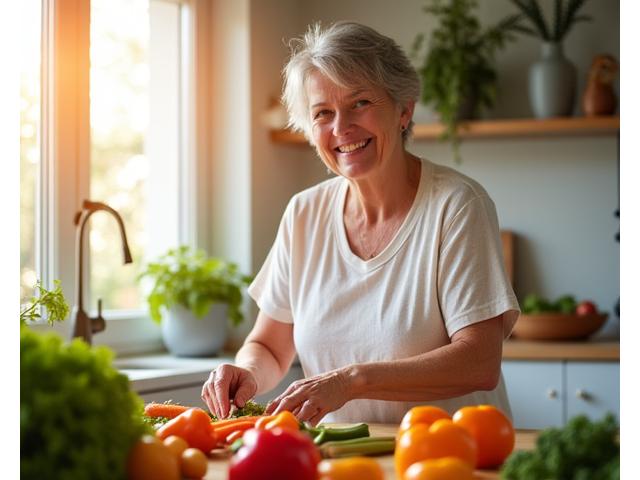 A person happily preparing a vibrant, immune-boosting salad with fresh vegetables and citrus.