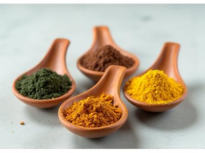 Various adaptogenic herbs and mushroom powders in small bowls, symbolizing natural wellness solutions.
