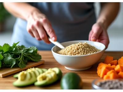 Hands preparing a healthy meal with various superfood ingredients on a kitchen counter.