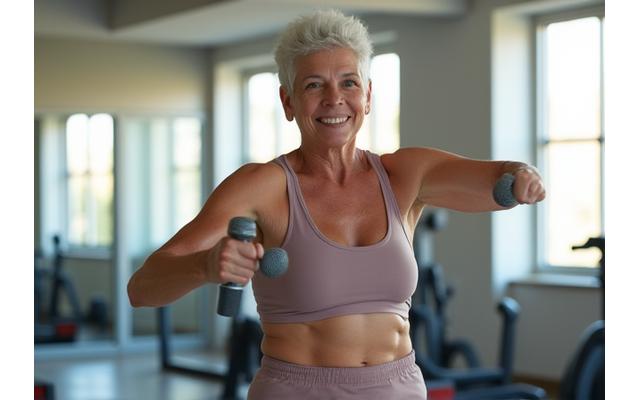 Mature adult lifting light weights with good form, symbolizing strength training for aging