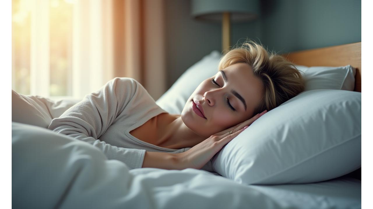 Woman peacefully sleeping in a bed, bathed in soft morning light, representing optimized sleep quality