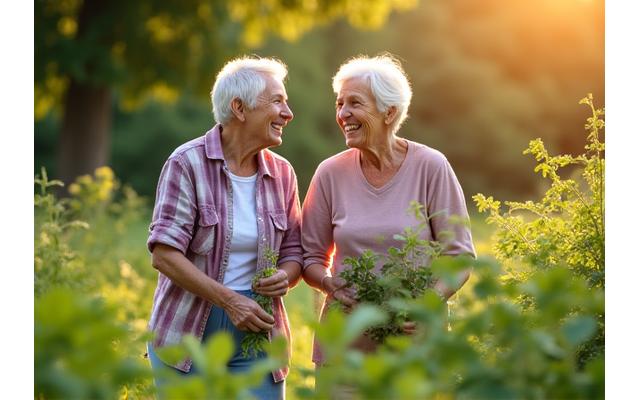 Energetic elder couple gardening, symbolizing vitality and longevity