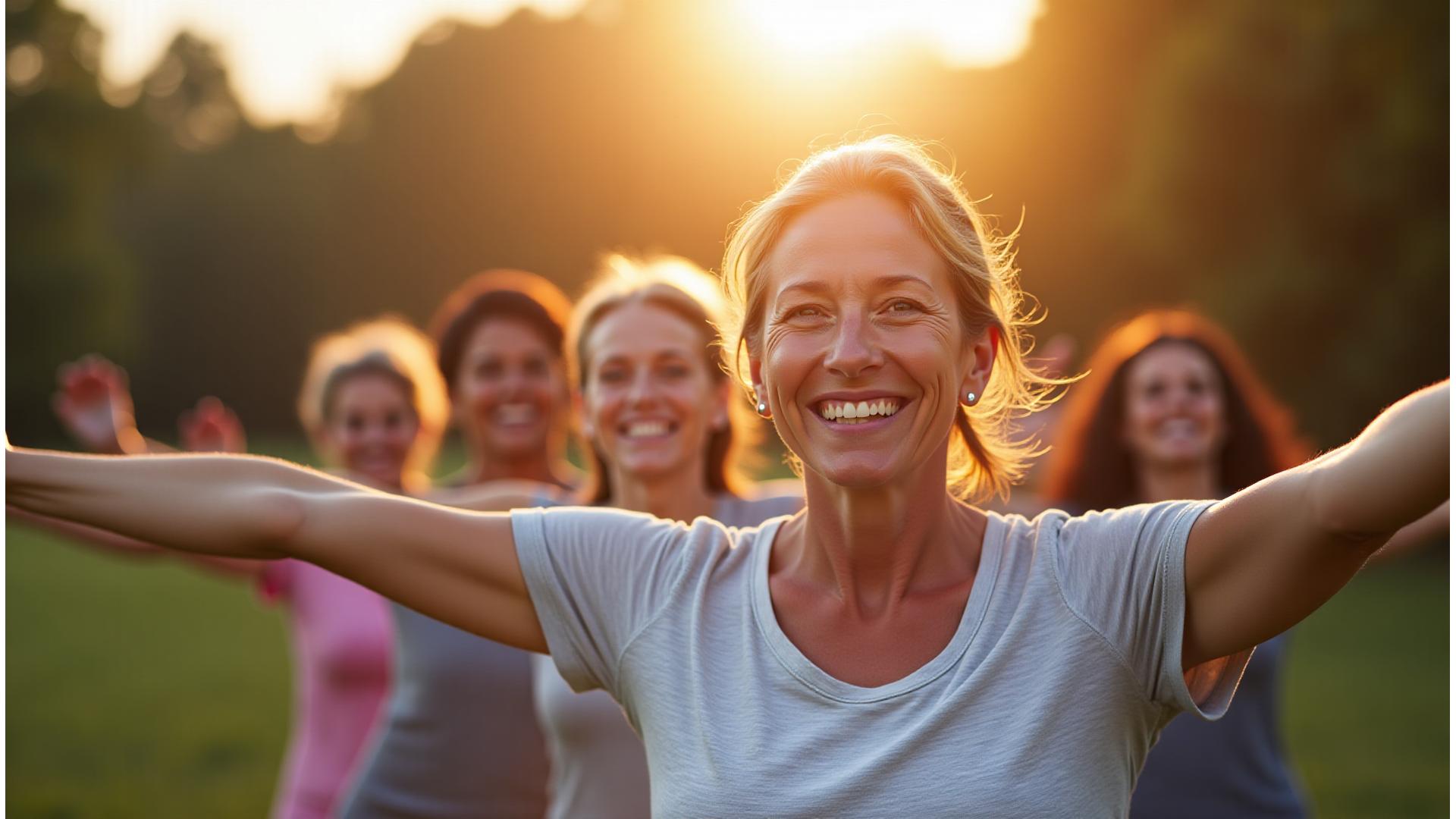 Diverse group of active, smiling adults aged 35-55 enjoying an outdoor yoga session in Pinkerton Park, Franklin, TN, with historic architecture subtly in the background.