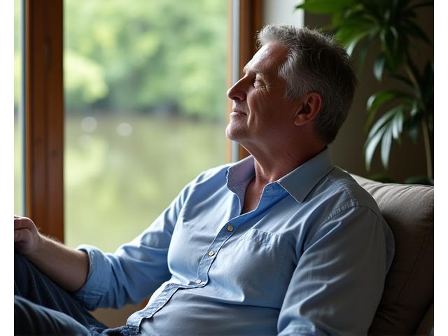 Mike, 48, looking relaxed and well-rested